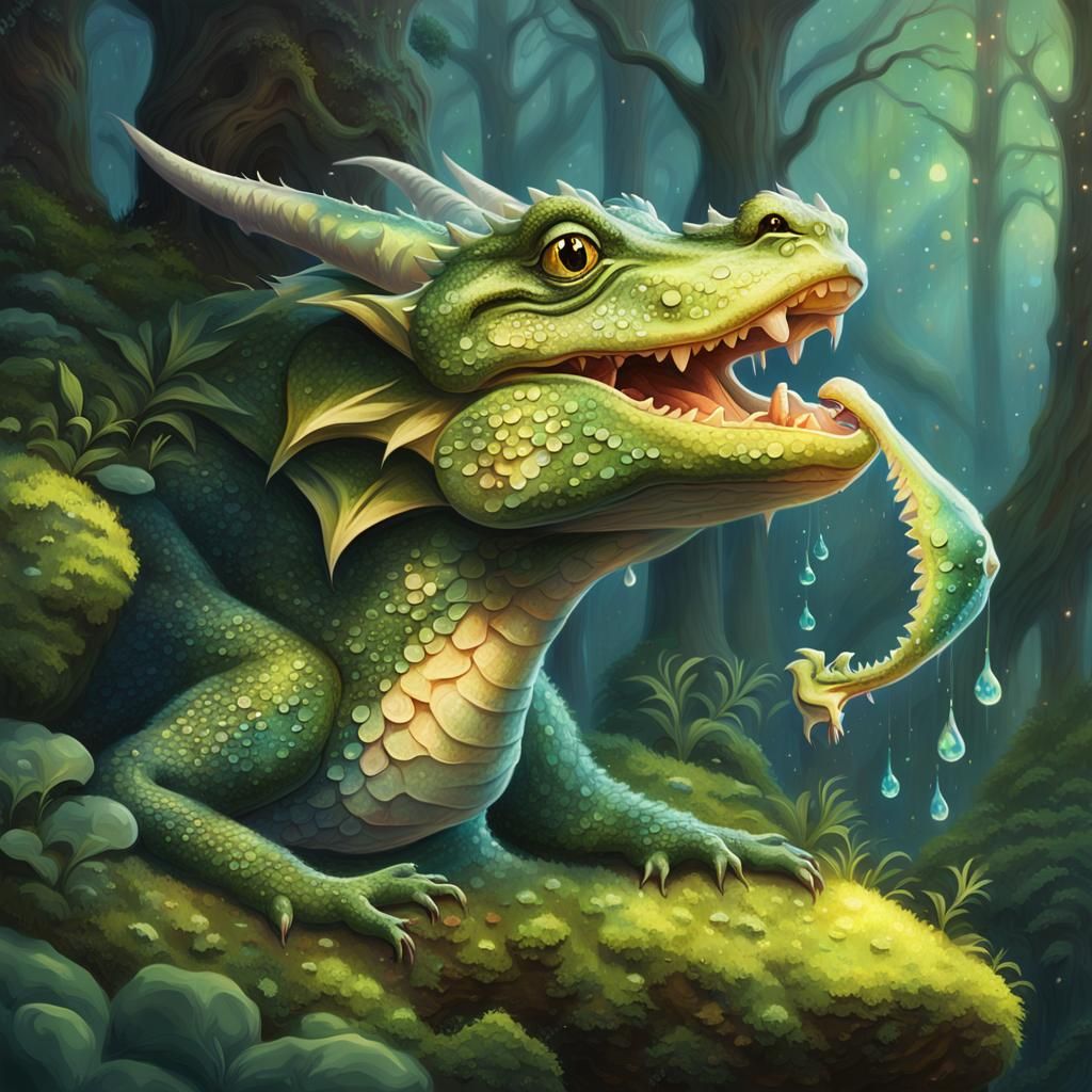Dragon Licking Toad in Magical Forest Scene