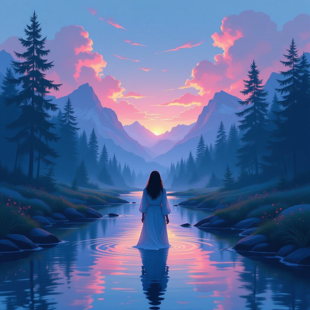 Dreamlike Forest Scene with Serene Woman in Airbrush Style