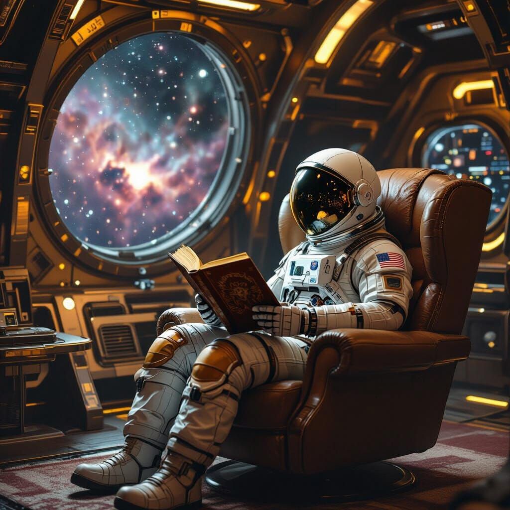 Astronaut Reading in Retro-Futuristic Cockpit