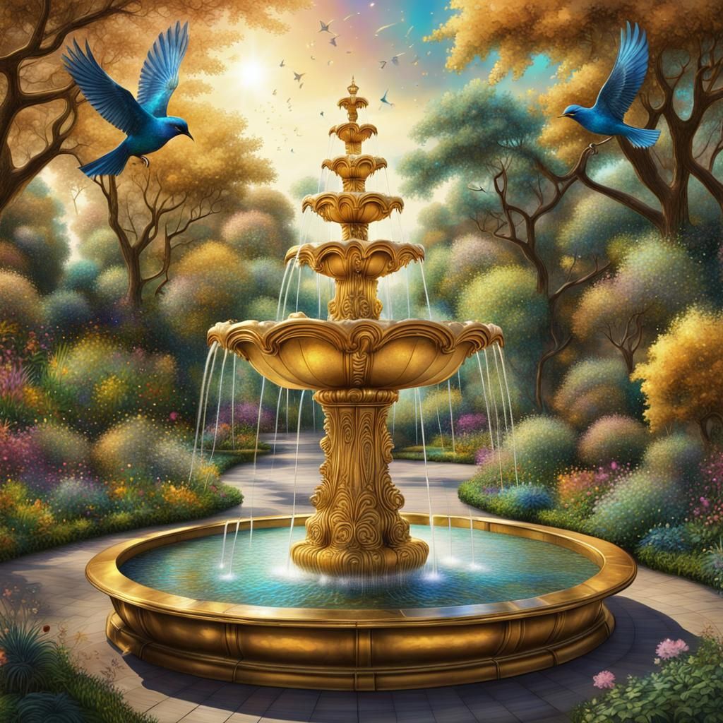 Golden Water Fountain in Astral Garden Illustration