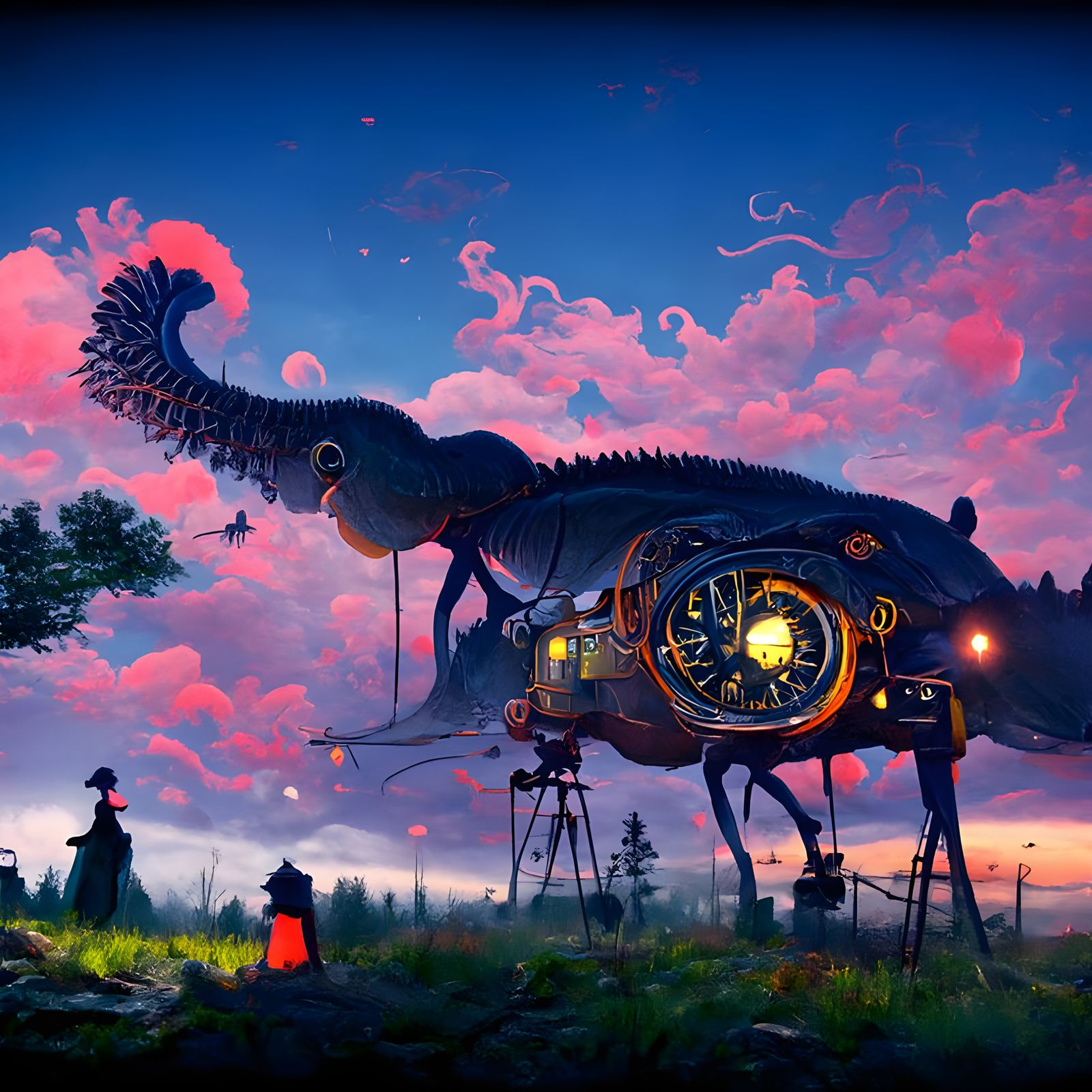 Clockwork Dinosaur in Sci-Fi Landscape