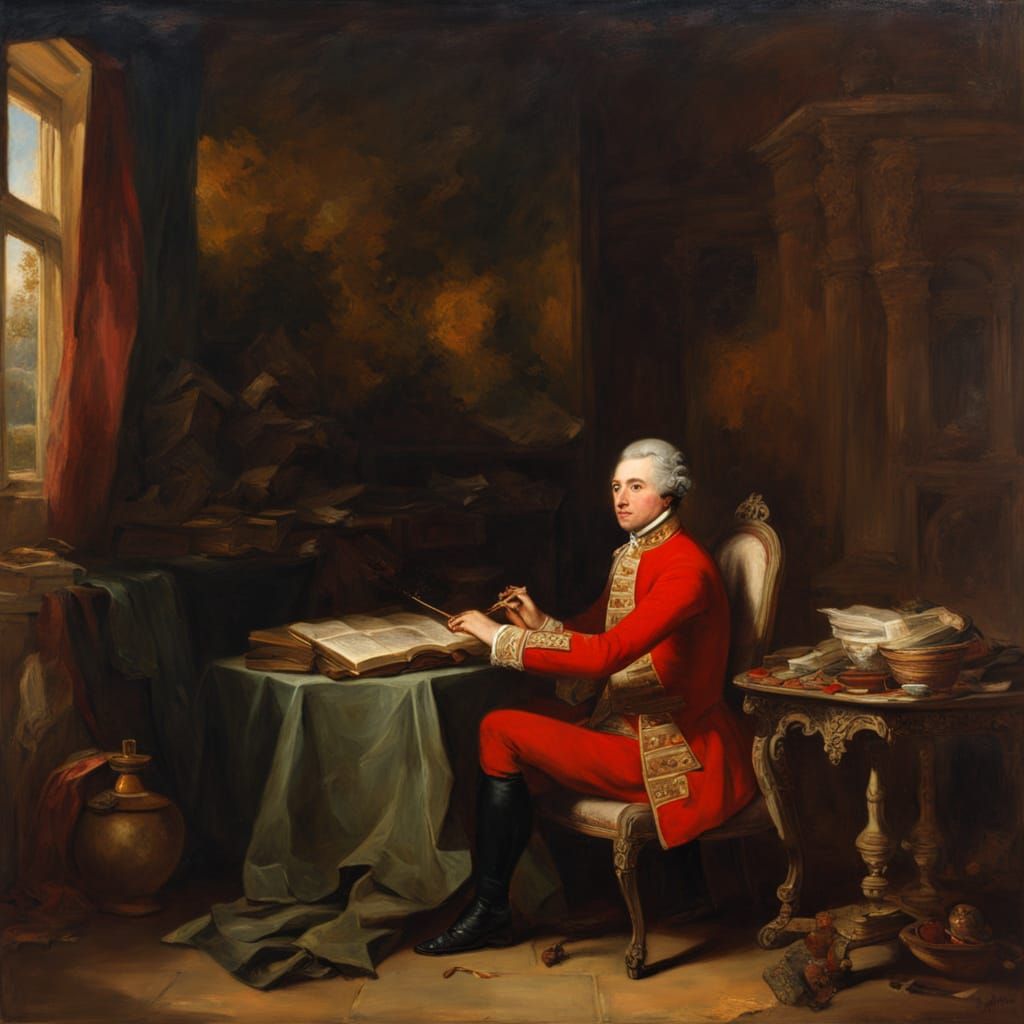Officer Playing Flute in Colonial Home Oil Painting