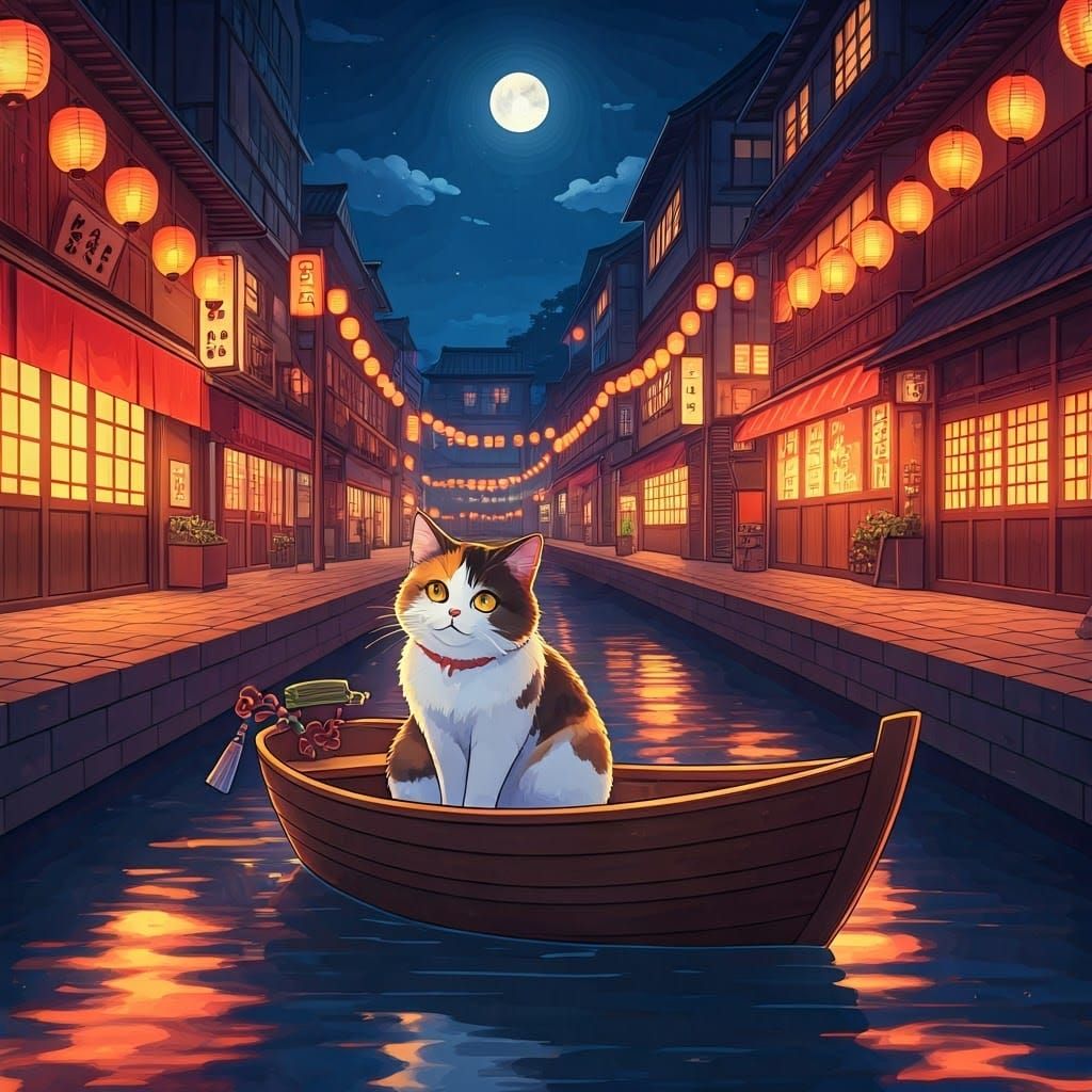 Whimsical Calico Cat in Lantern-Lit Tokyo Scene