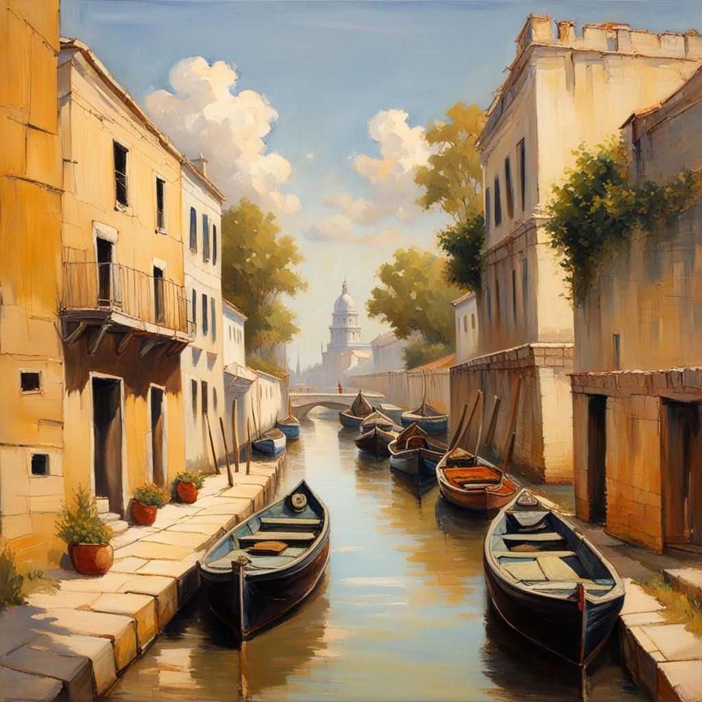Picturesque Canal Scene in Oil Painting Style