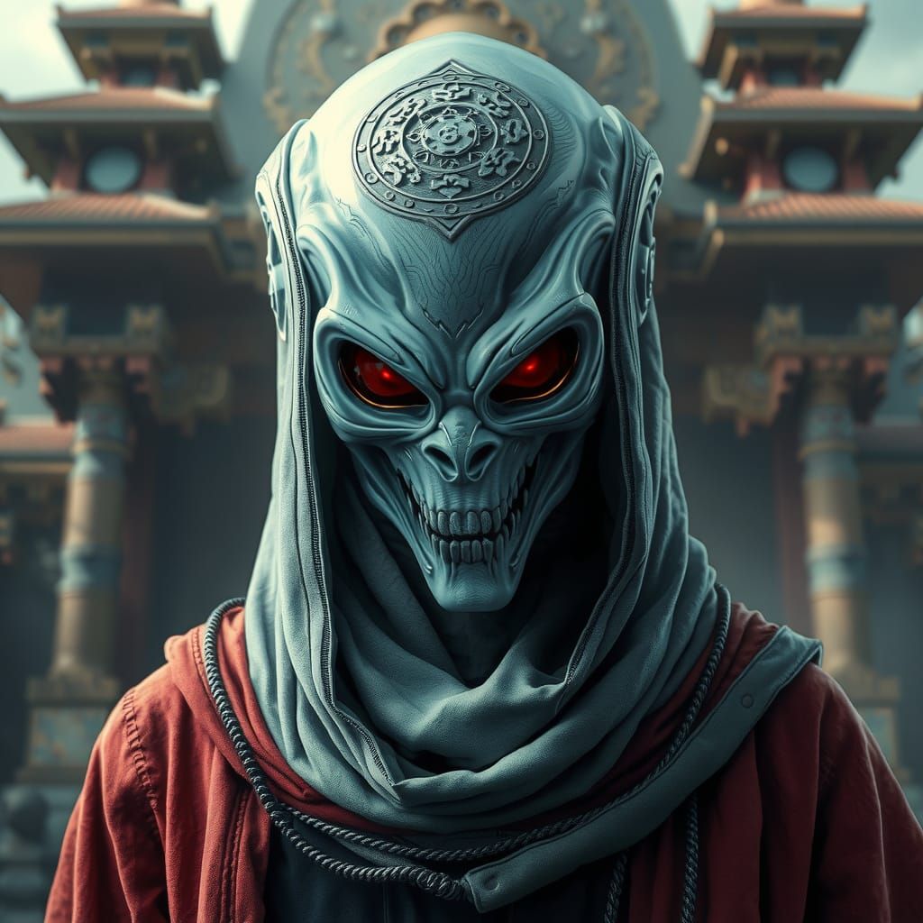 Masked Alien Creature in Sci-Fi Temple