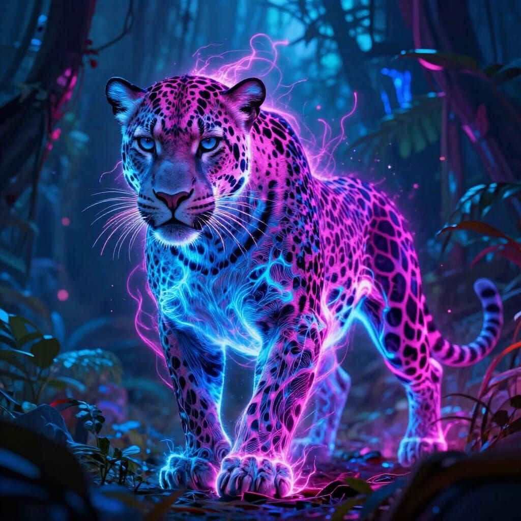 Vibrant Electric Leopard in Futuristic Jungle