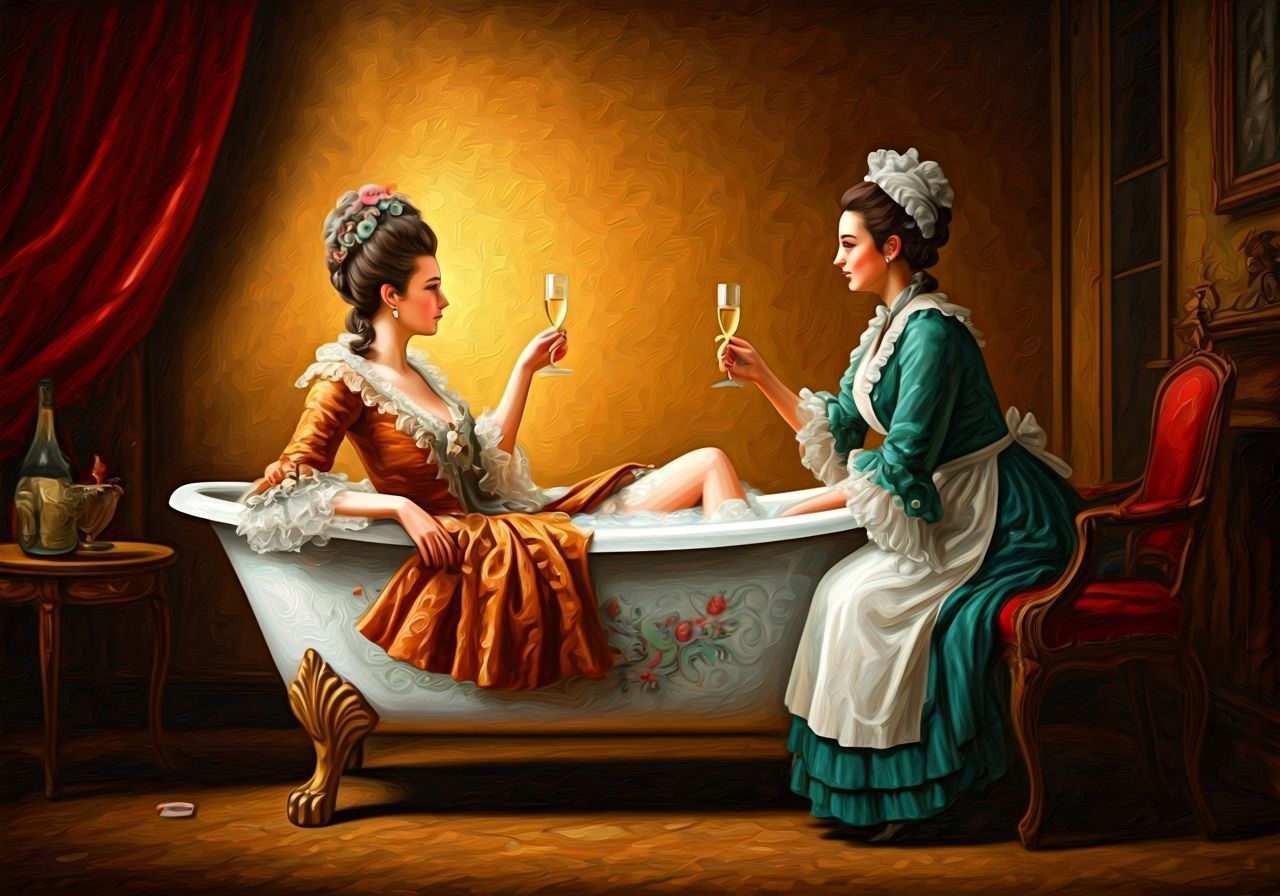Elegant Lady in Bathtub, Folk Art Oil Painting