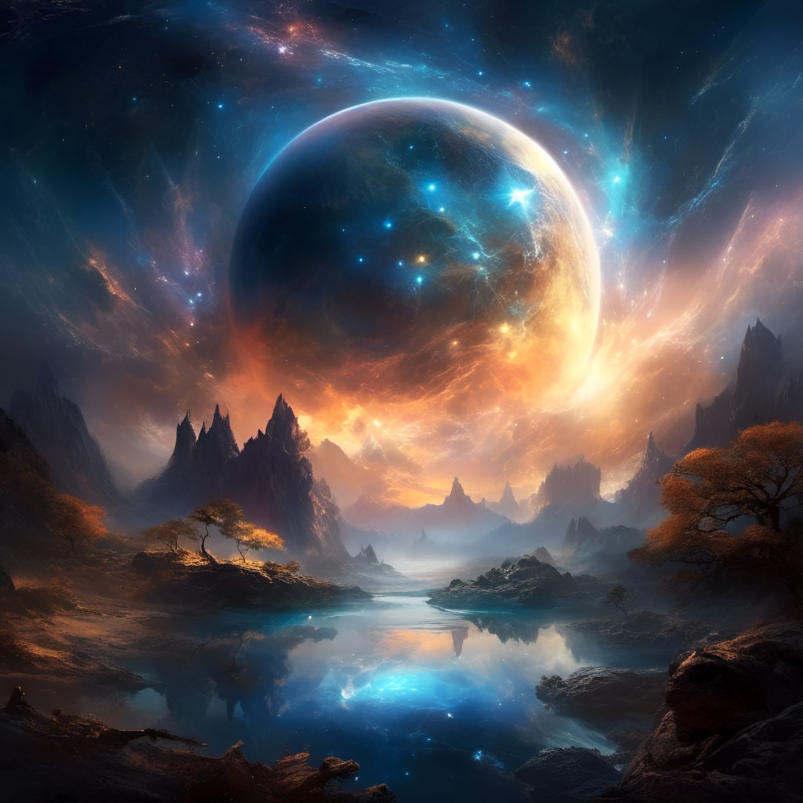 Colorful Fantasy World with Celestial Galaxy and Planets