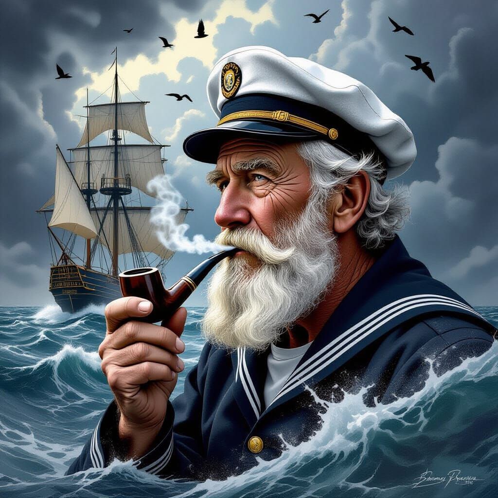 Elderly Sailor Contemplating Stormy Seas with Ship