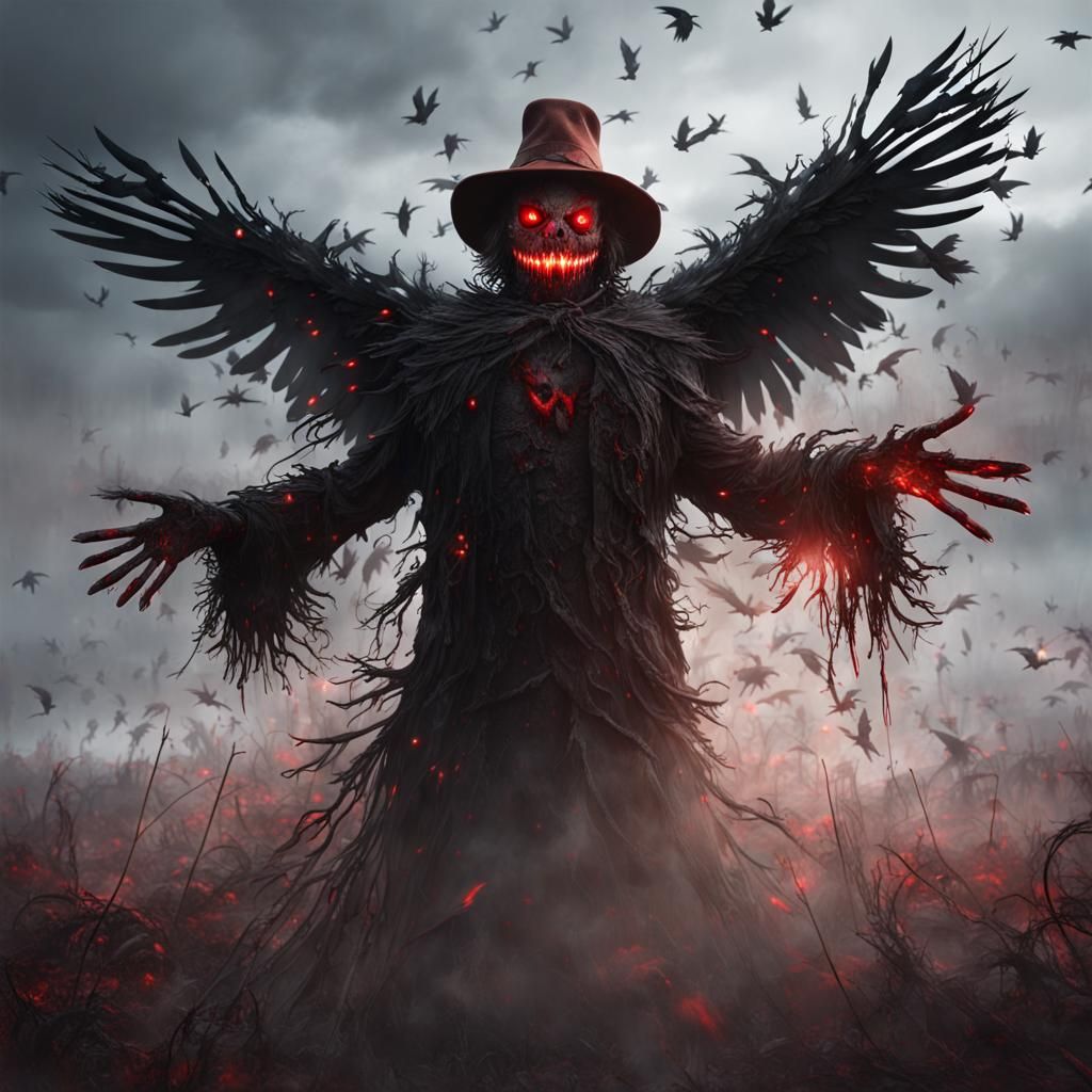 Eerie Scarecrow of Crows Exploding into Fog
