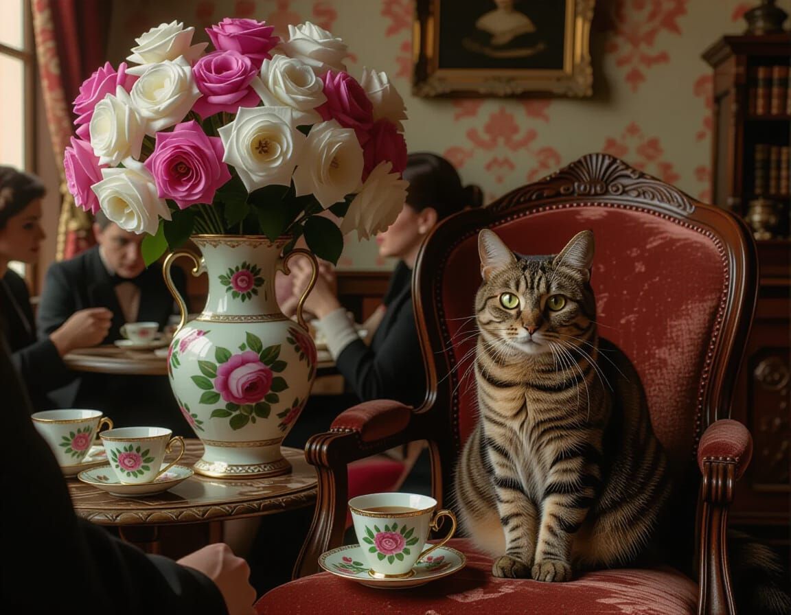 Italian Cafe Scene with Cat and Roses