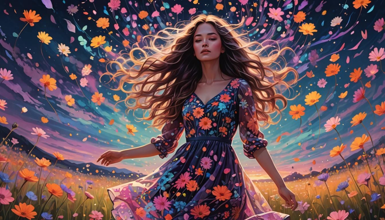 Dreamlike Meadow: Woman in Floral Dress
