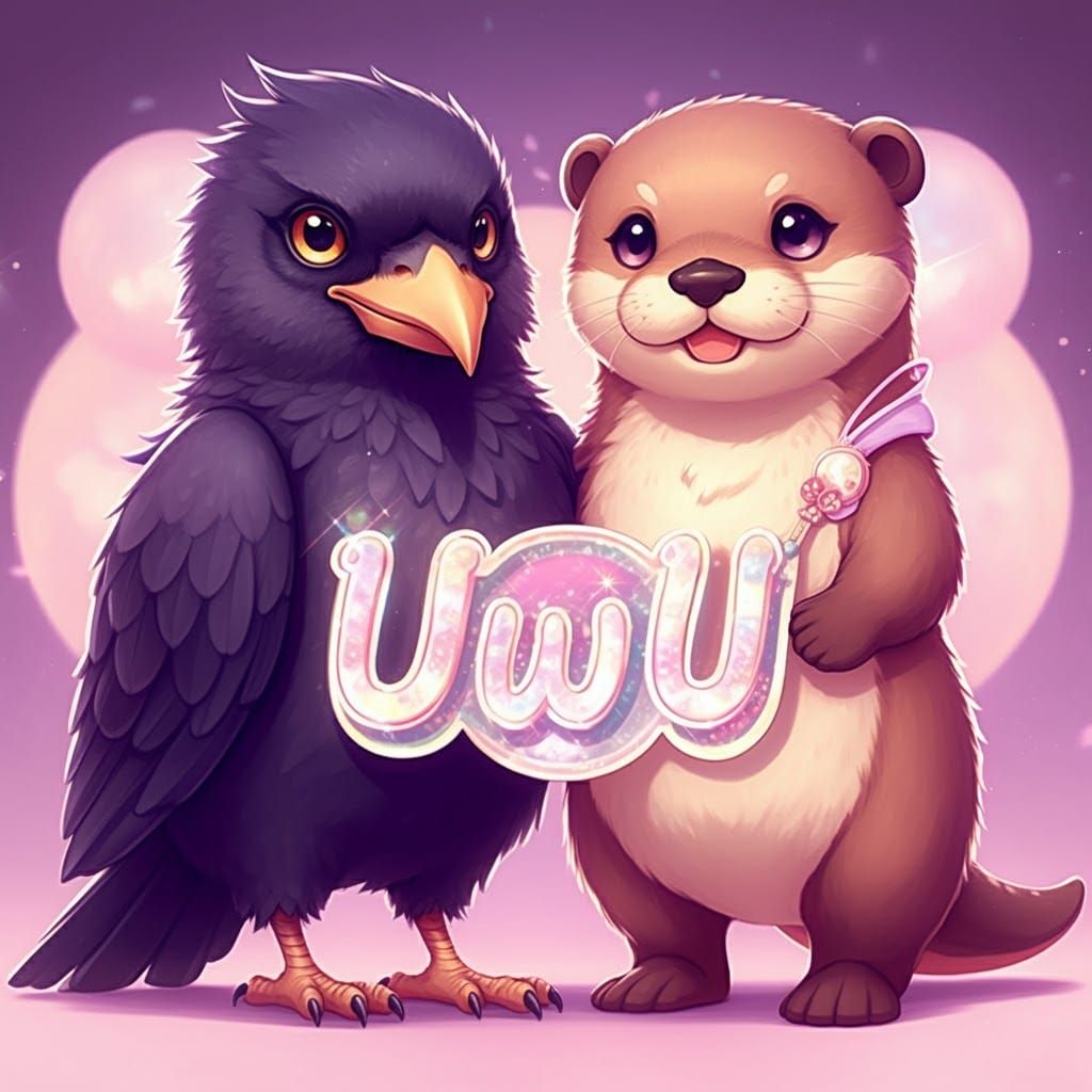 Vibrant Crow and Otter Duo in Kawaii Anime Style