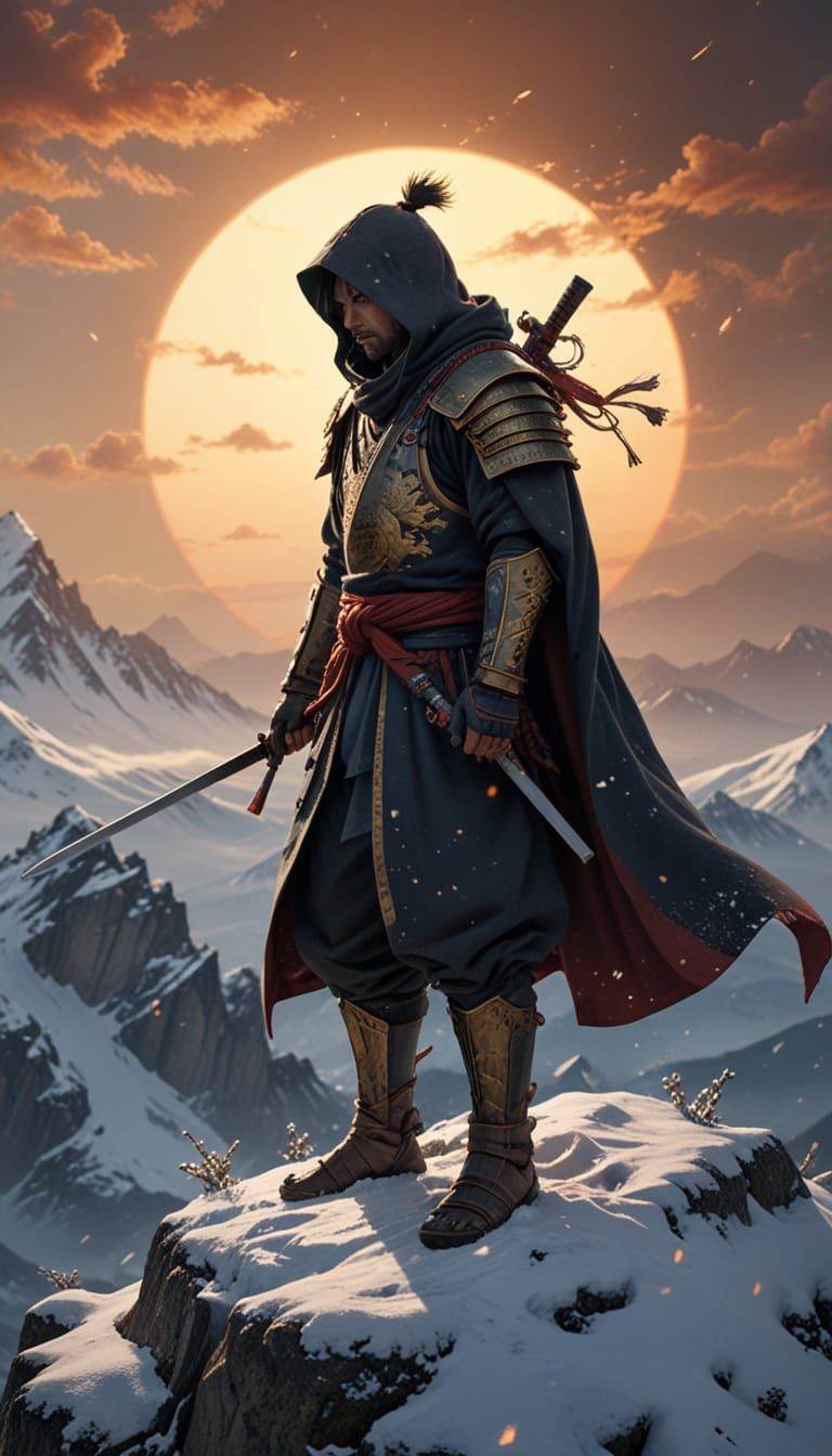 Hooded Samurai on Snowy Peak in Anime Style
