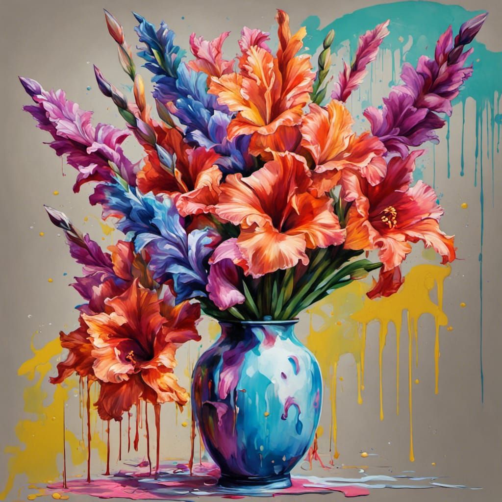 Graffiti Art Gladioli in Vase, Ultra Detailed
