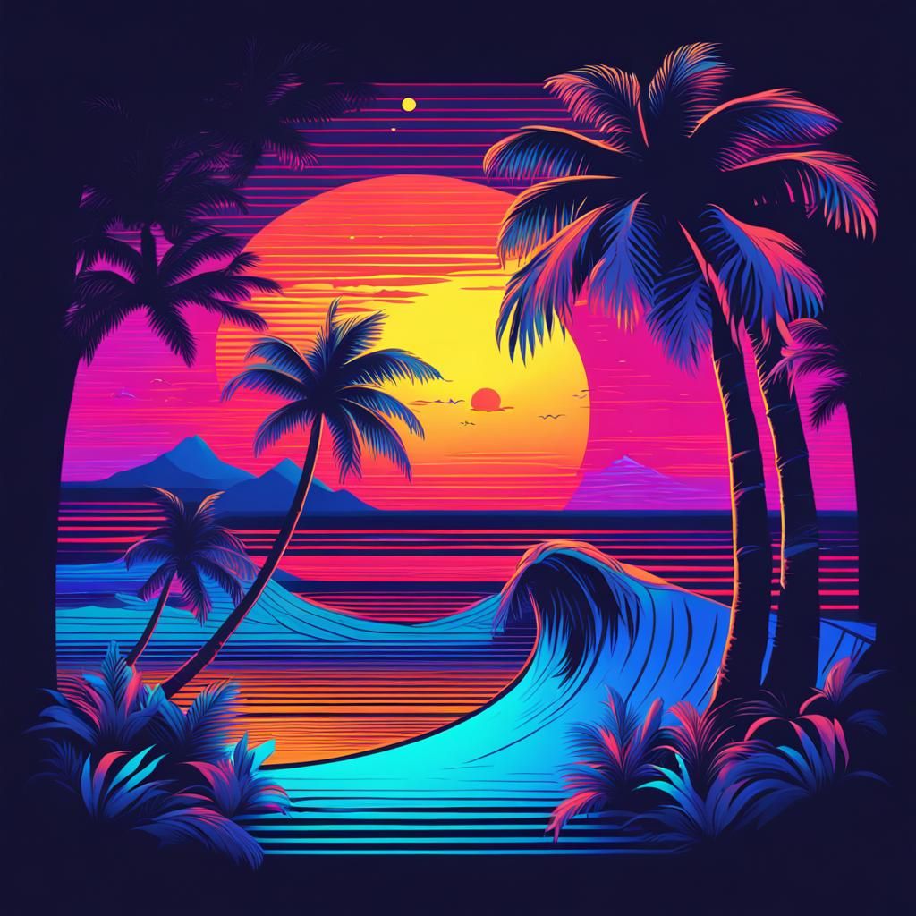 T-Shirt Design: Sunshine, Sea, Palms, Synthwave