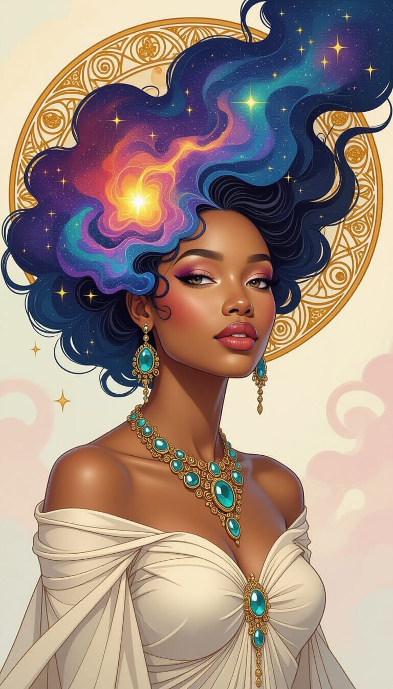 Celestial Woman with Galaxy Hair in Art Nouveau Style