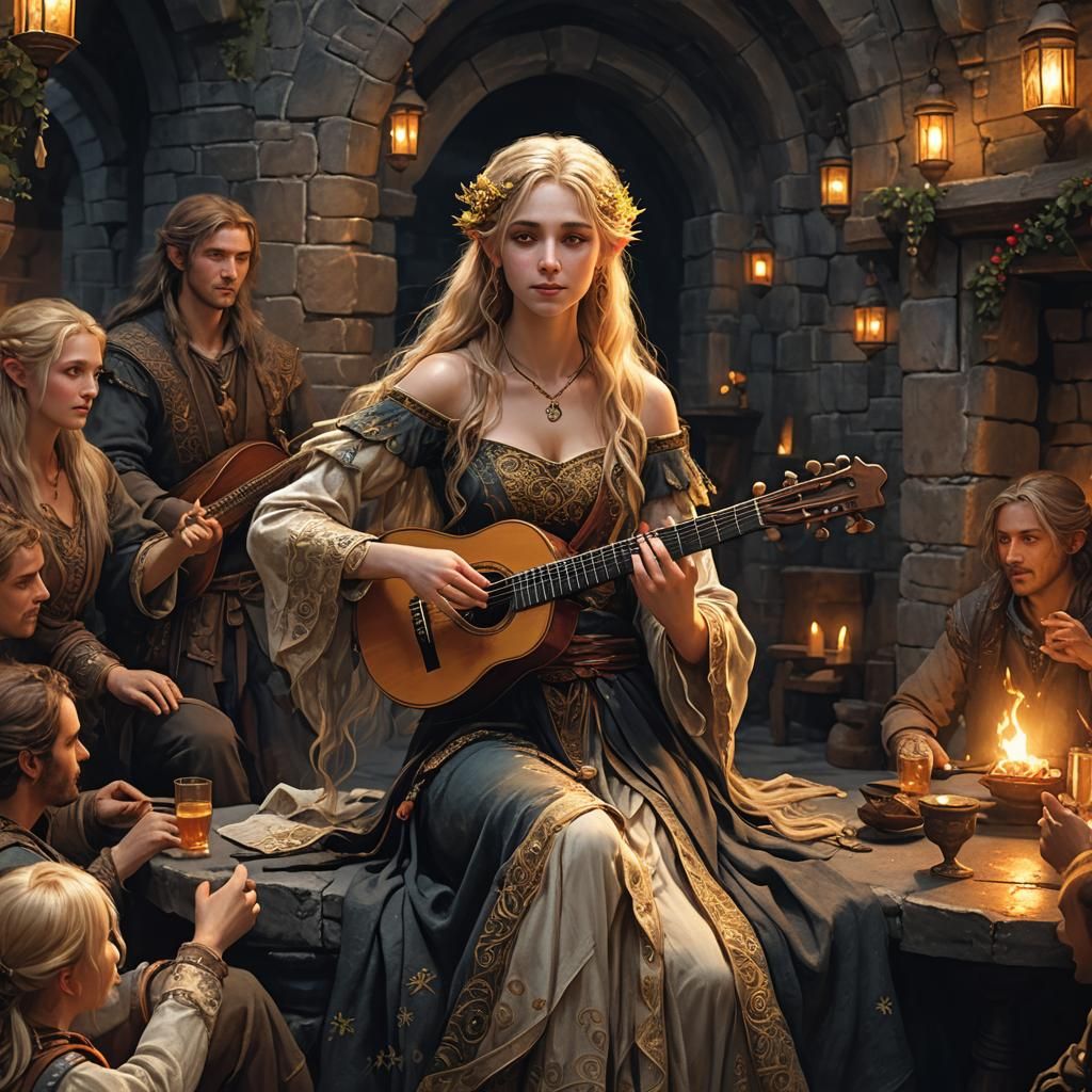 Half-Elf Bard in Tavern, Fantasy Art