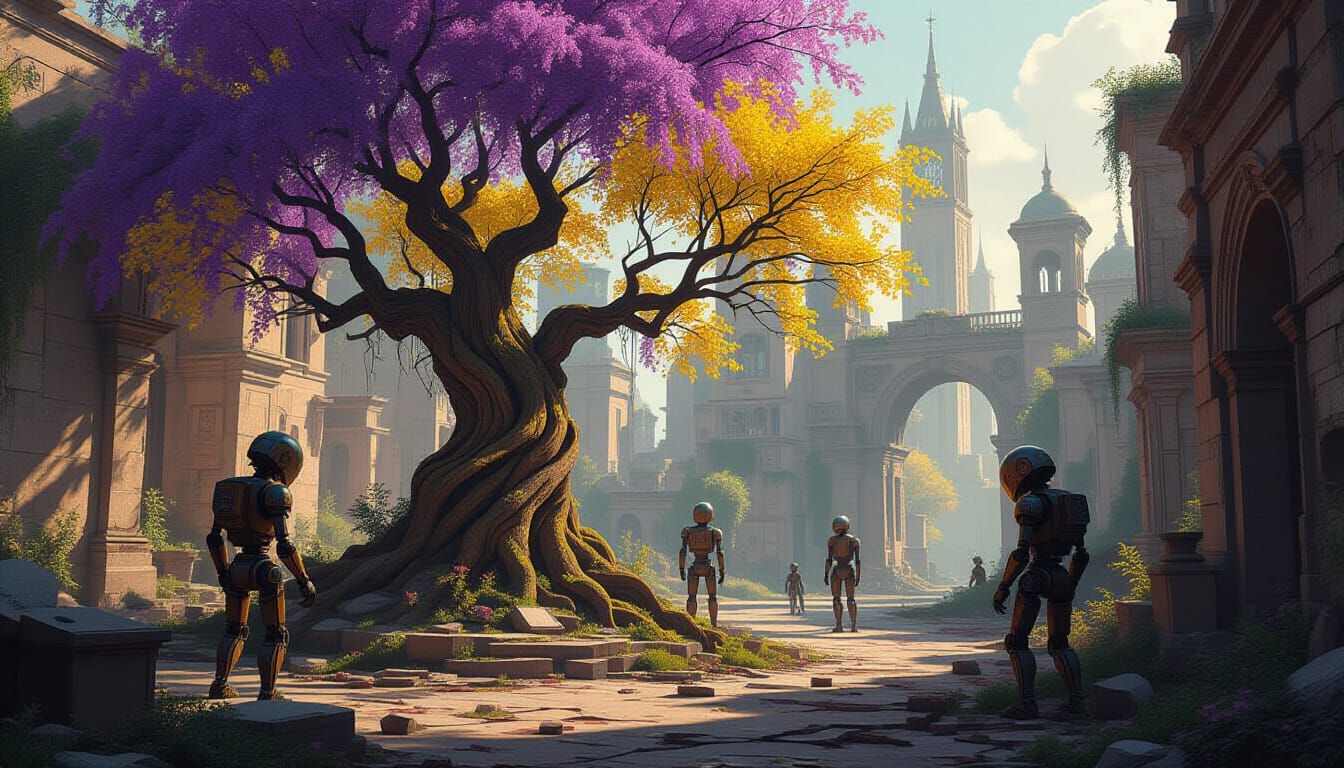 Robots Nurture Oasis in Ruined City, Dark Fantasy Art