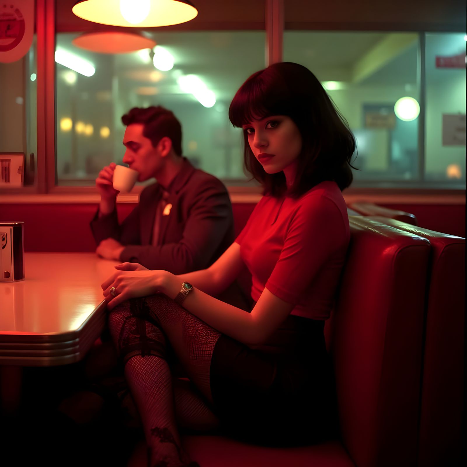 Gothic Waitress with Devilish Charm in Red and Black Outfit