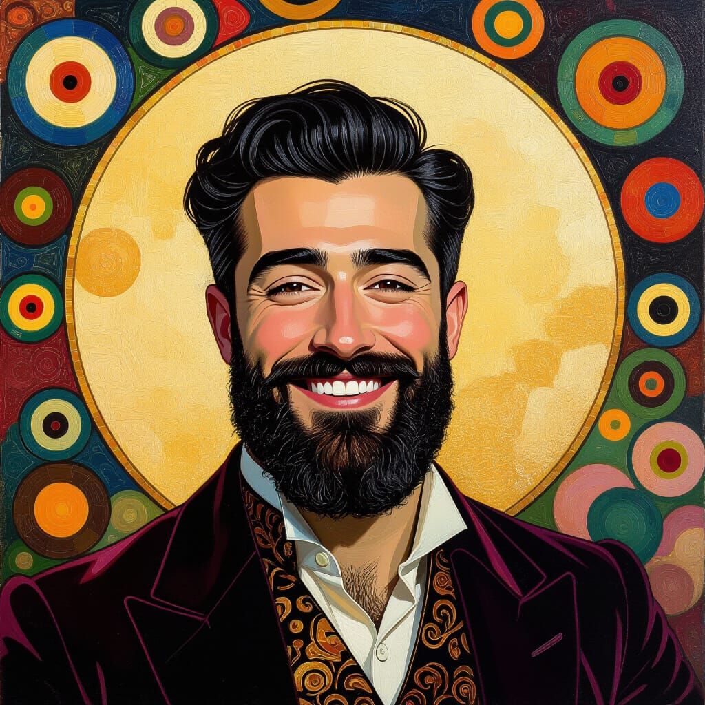 Joyful Man in Velvet, Klimt-Inspired Impressionist Portrait