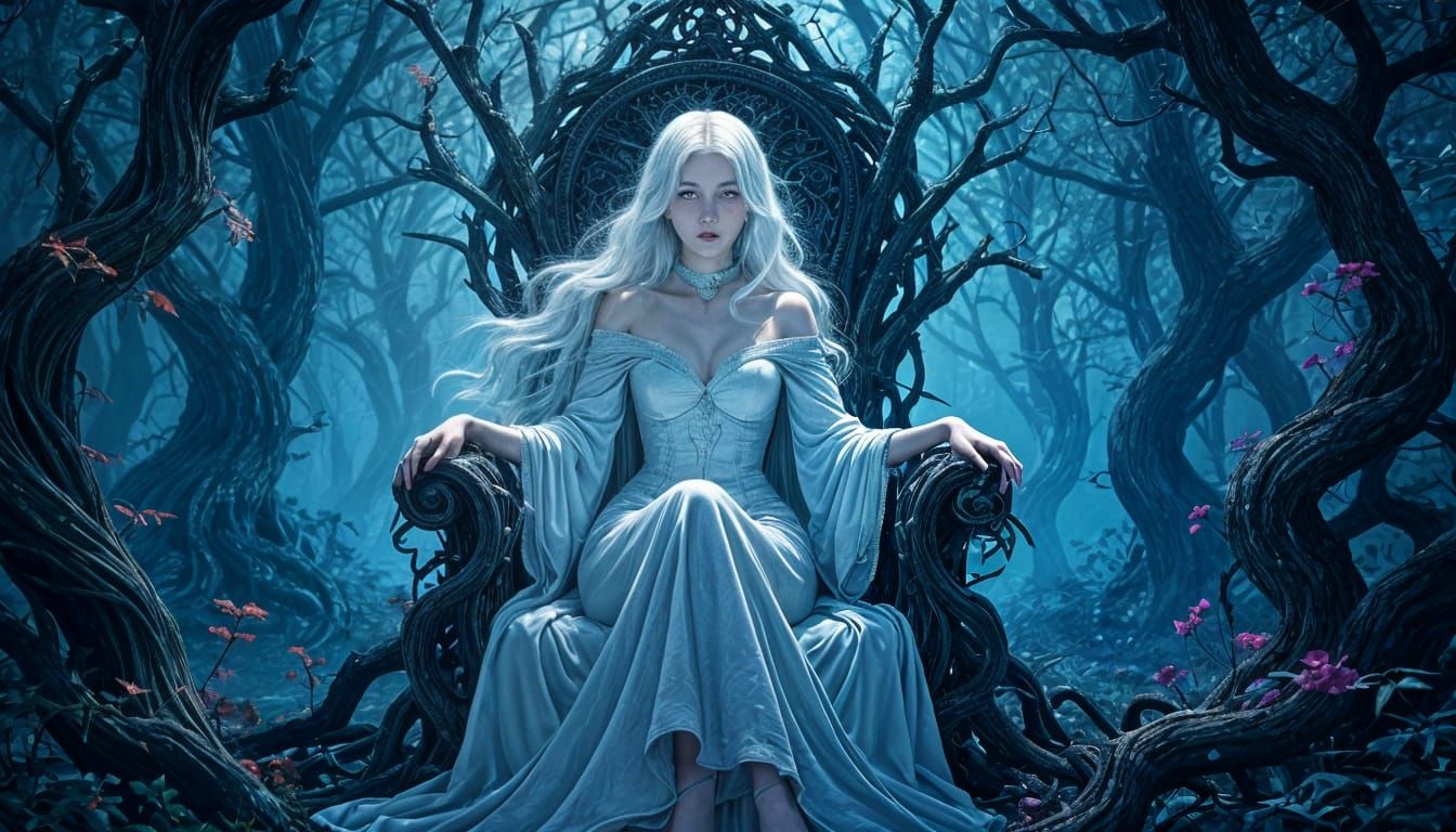 Ethereal Woman on Thorn Throne in Dark Fairytale Style