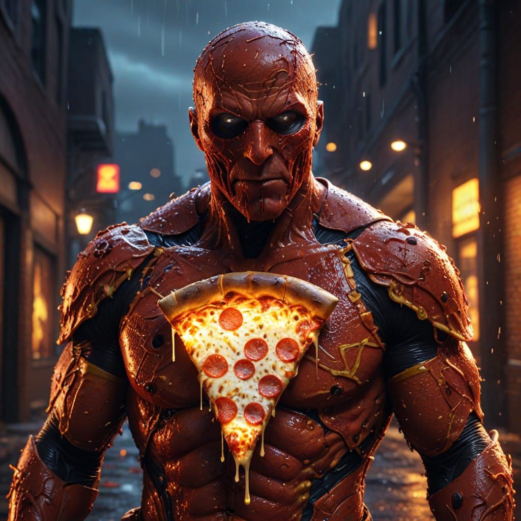 Cheesy Pepperoni Villain Eating Pizza in Alley