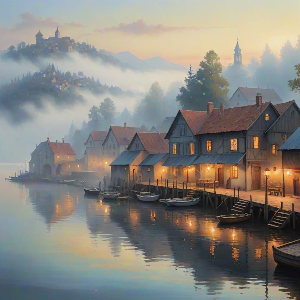 Luminous Village and Dock in Renaissance Style
