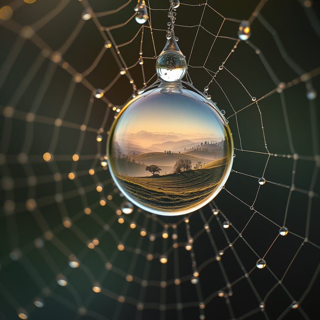 Dewdrop Reflecting Miniature Landscape in Hyperrealistic Sty...