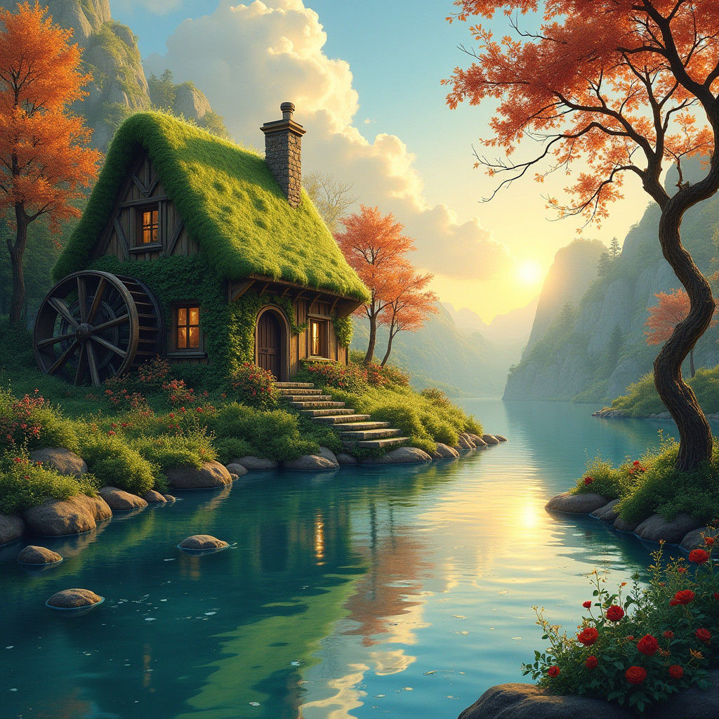 Whimsical Watercolor Landscape with Rustic House and Water W...