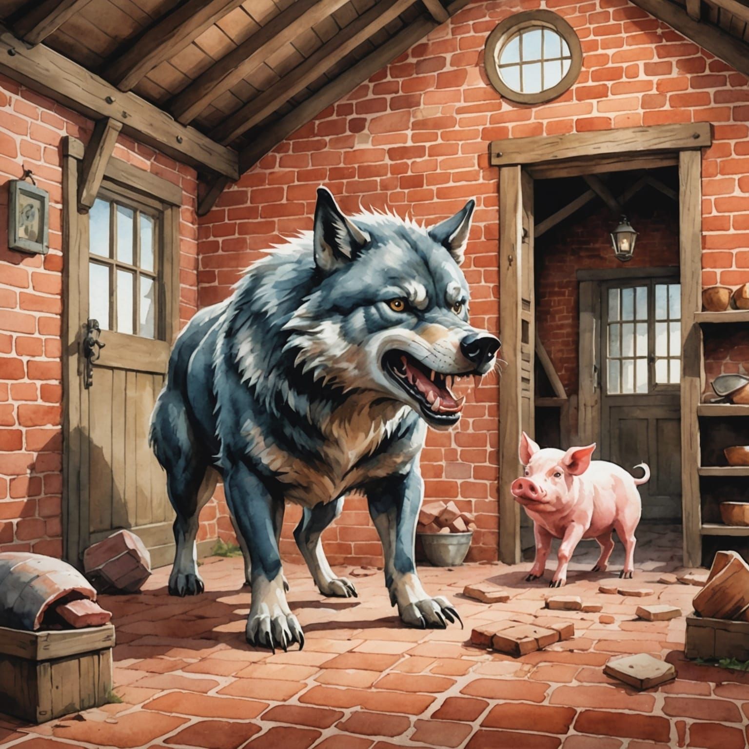 Fierce Wolf Biting Pig in Watercolor Farmhouse