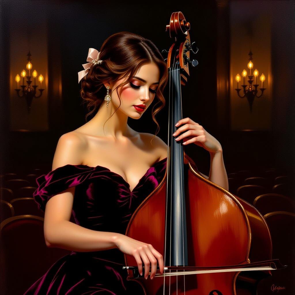 Romantic Oil Painting of Woman Playing Double Bass