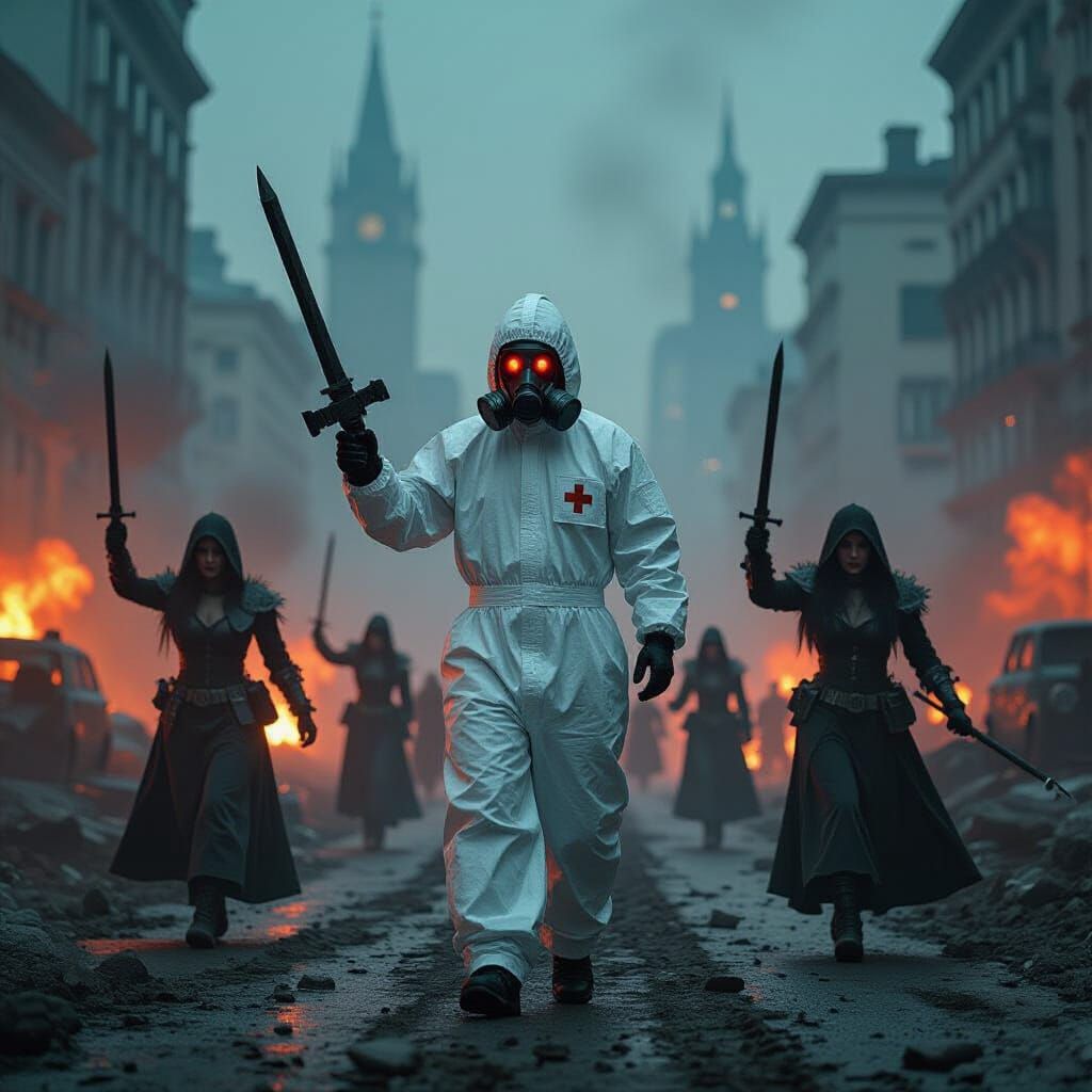 Apocalyptic Doctor with Jugglers in Gothic Horror Style