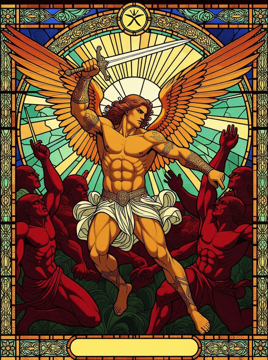Stained Glass Archangel Battles Demons