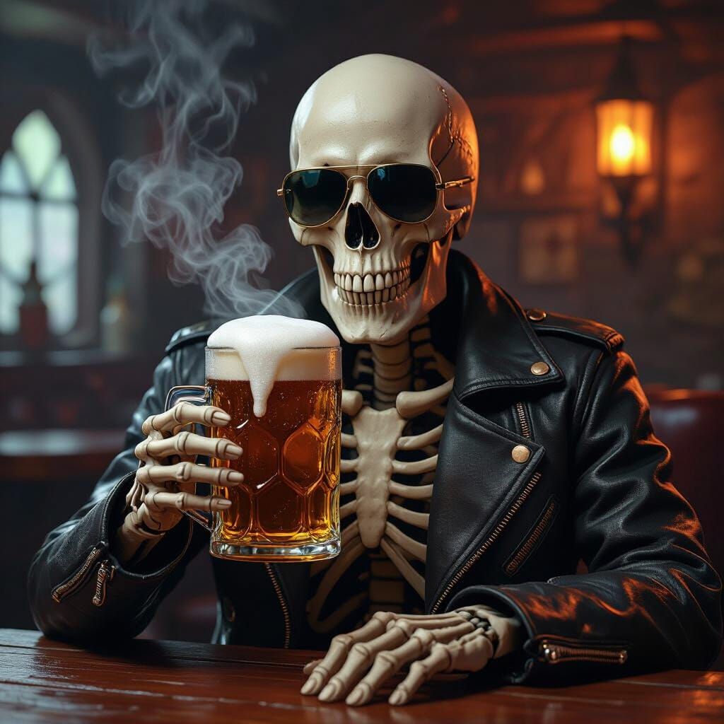 Stylish Skull Enjoying Beer in Fantasy Tavern