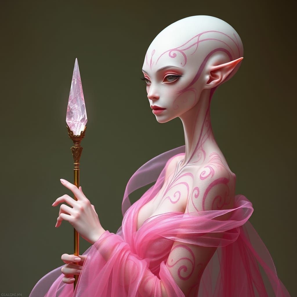 a beautiful alien female with an elongated head, her head is bald and she has pointed ears, her skin is light pink with ...