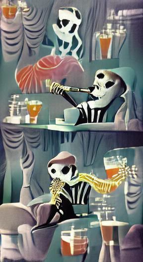 Skeleton Drinks at Bar in Film Noir Style