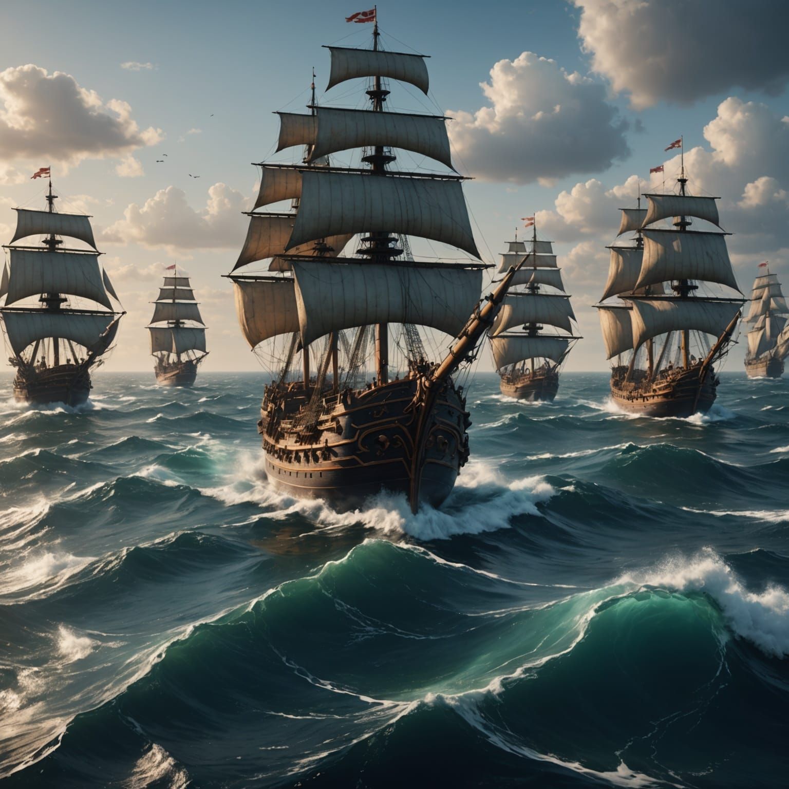 Fantastical Fleet Sails the Ocean: Detailed Matte Painting
