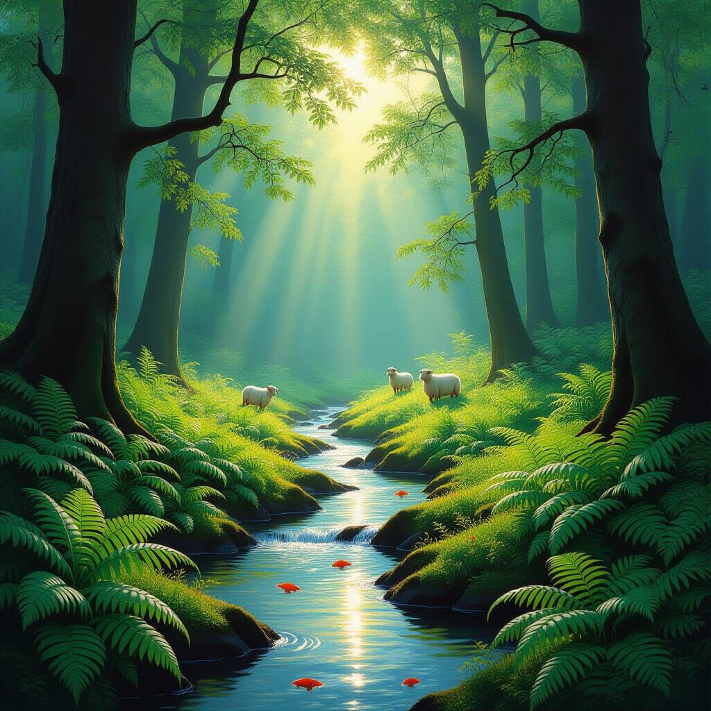 Sunlit Forest Clearing with Ferns and Stream