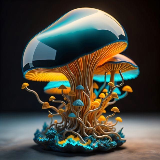 Realistic Detailed Diorama of Metallic Blue Magic Mushrooms