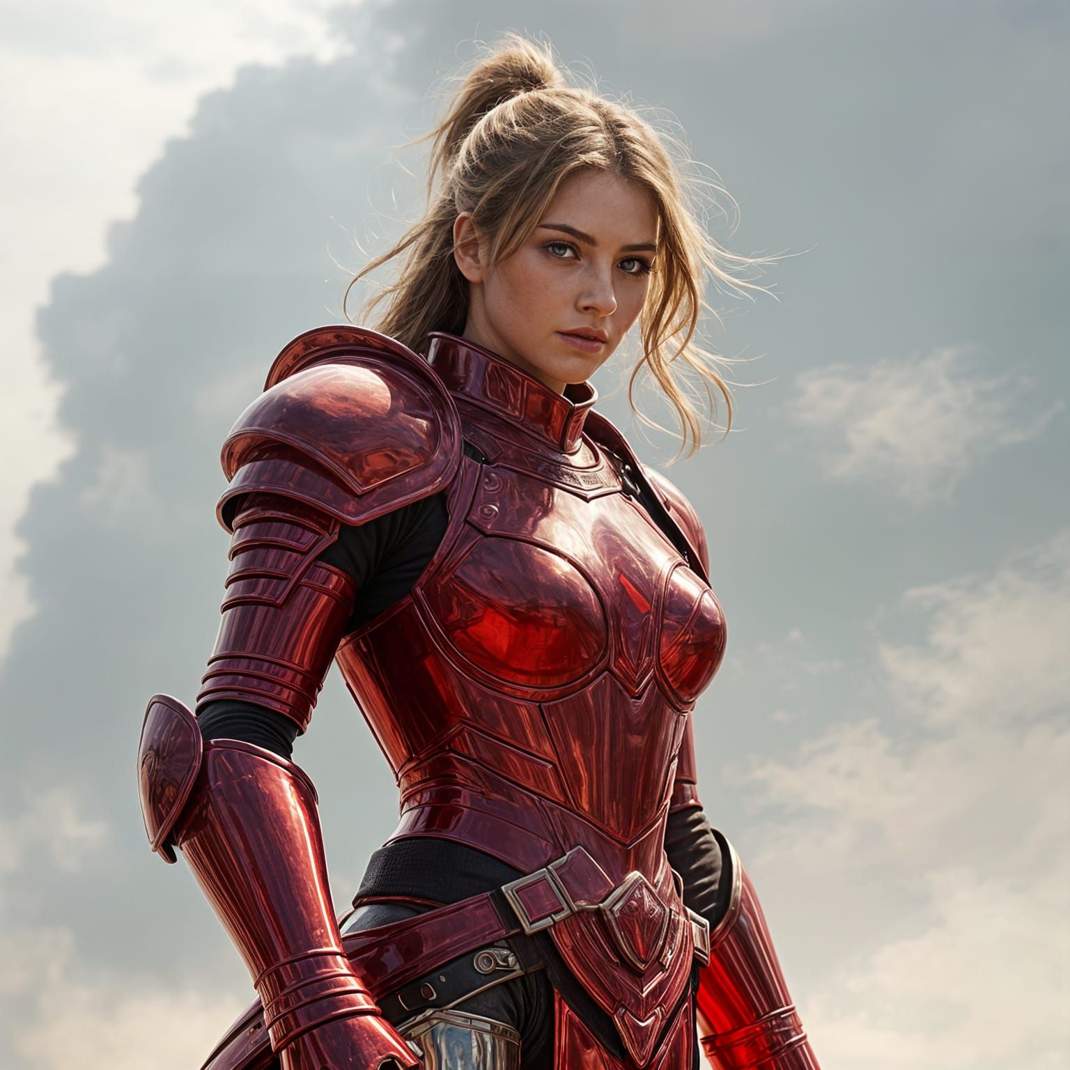 Hyperrealistic Woman in Gleaming Red Armor