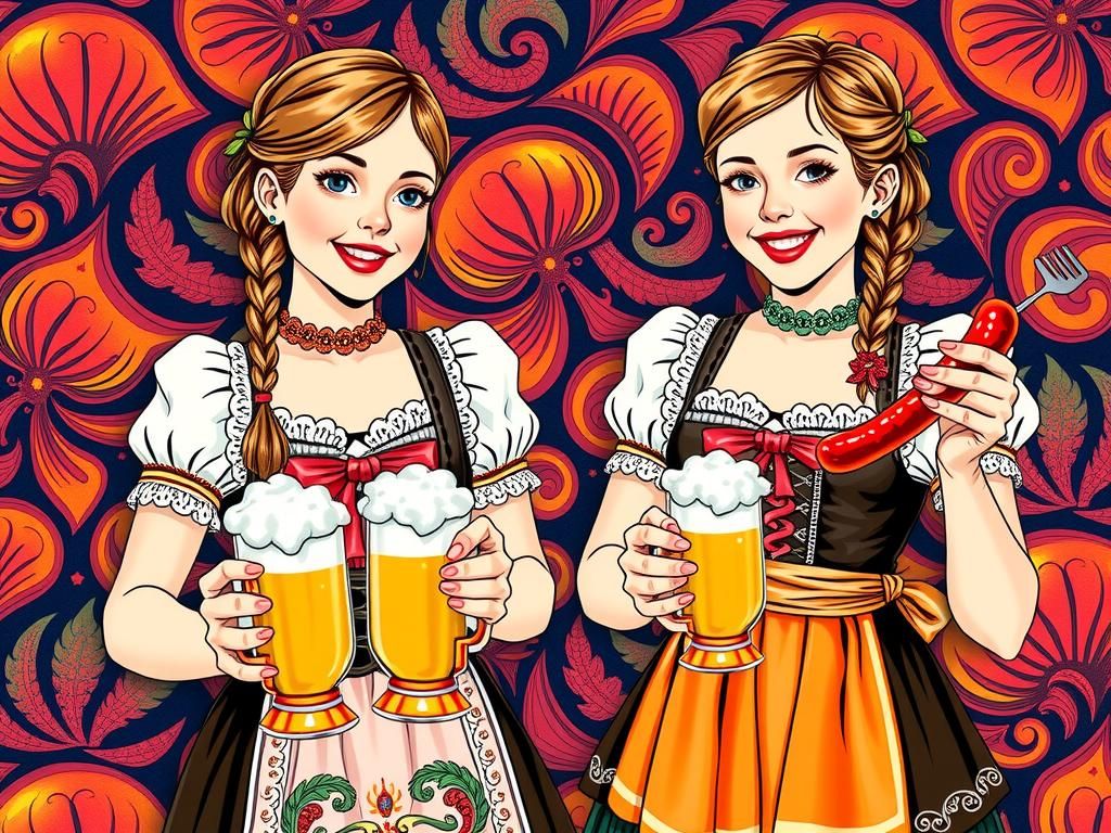 Oktoberfest Maidens with Beer and Sausages in Comic Art Styl...