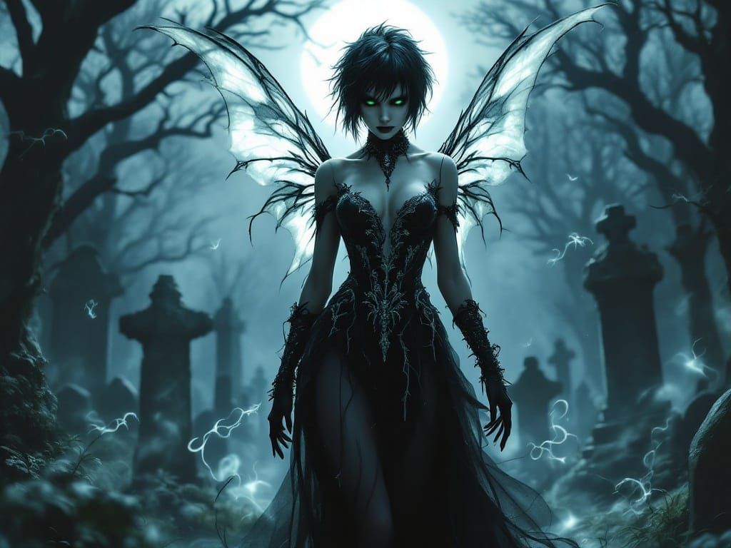 Gothic Fairy Defies Moonlit Graveyard