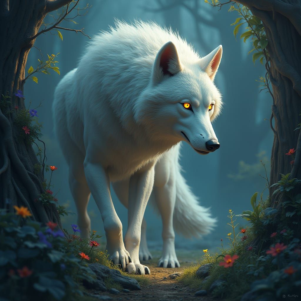 Wolf in Mystical Forest, with Ethereal Fur and Glowing Eyes