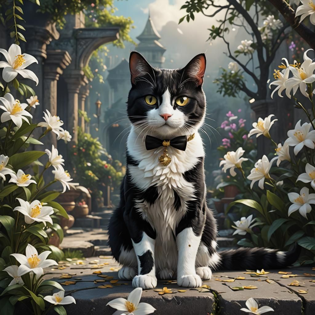Tuxedo Cat with Jasmine: Detailed Matte Painting