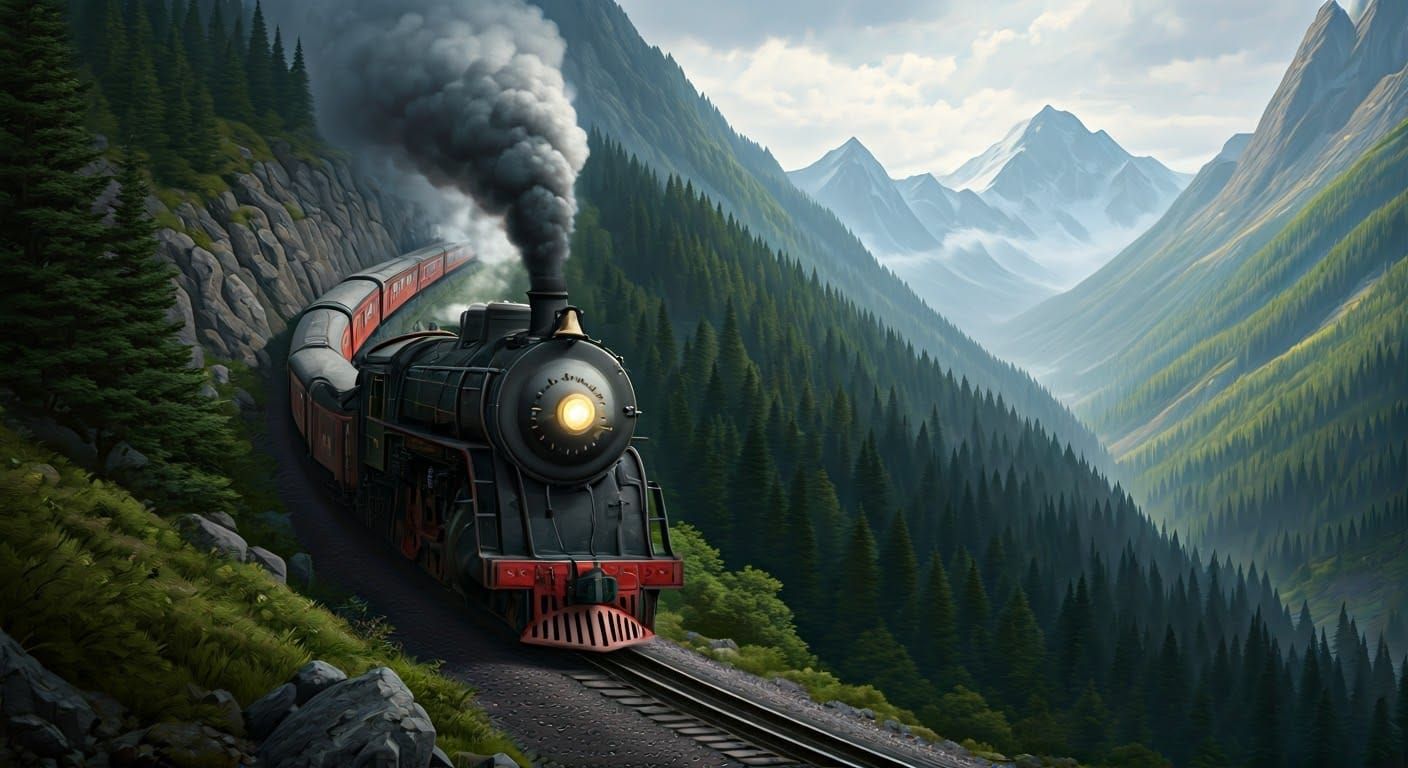 Majestic Train Descends Mountainside in Atmospheric Landscap...