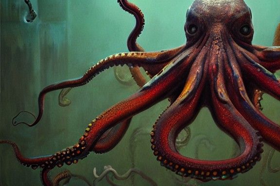 Octopus Head with Humanoid Arms as Oil Painting