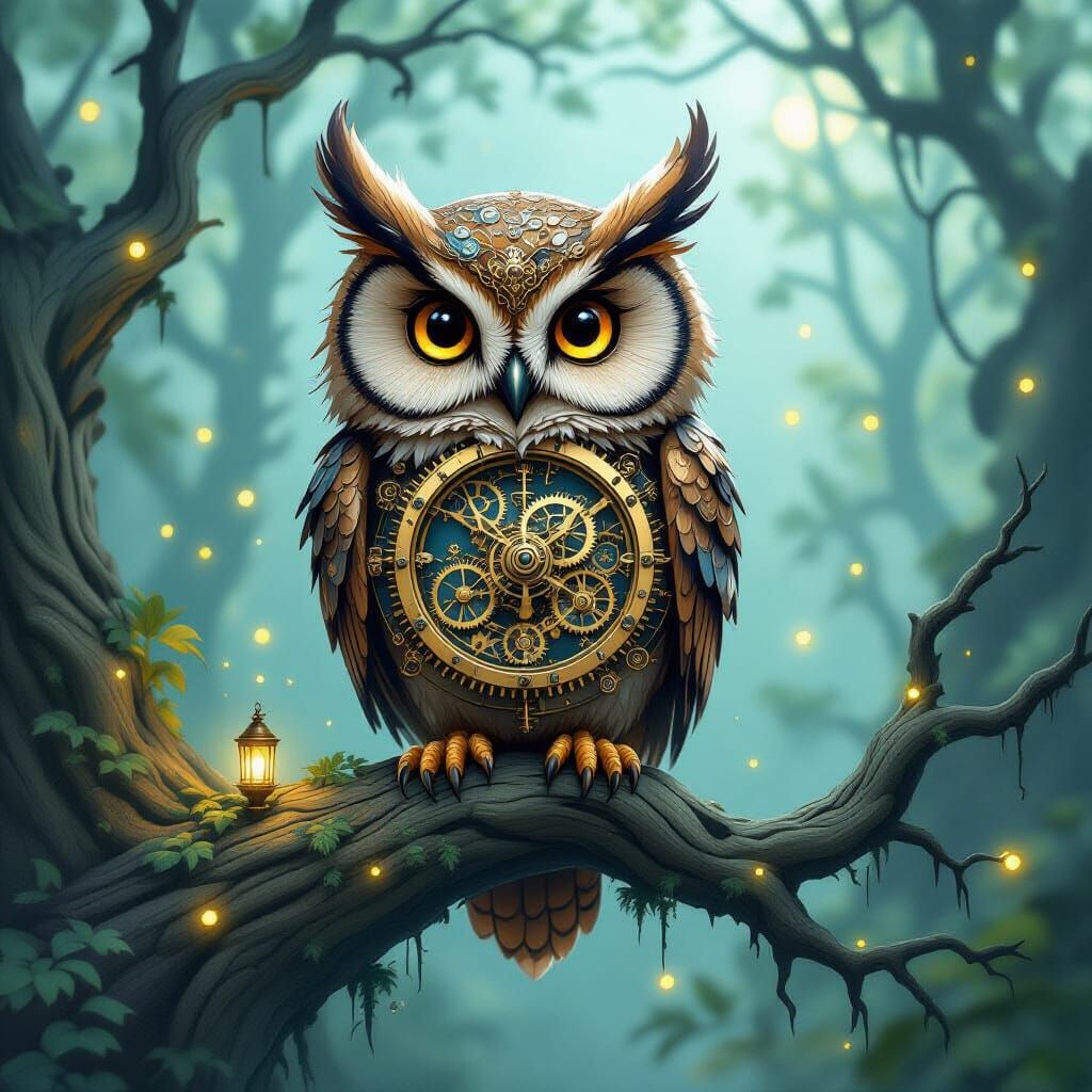 Clockwork Owl on Ancient Branch with Fireflies, Painterly St...