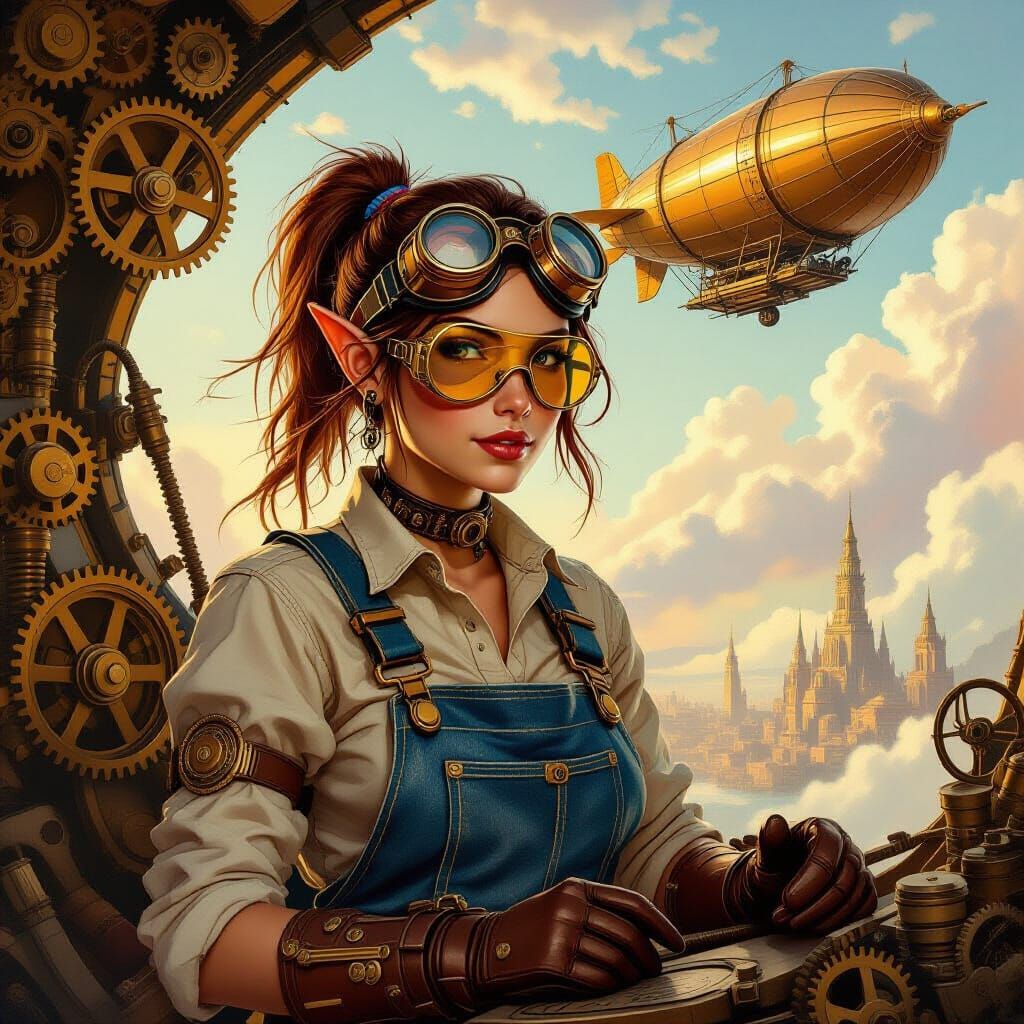 Steampunk Elf Mechanic with Dirigible, Fantasy Oil Painting