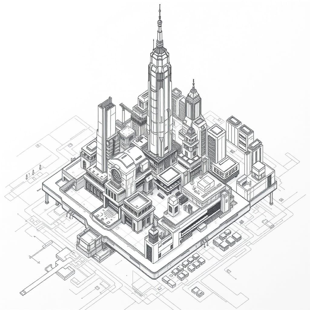 Futuristic City Blueprint in Manga Style